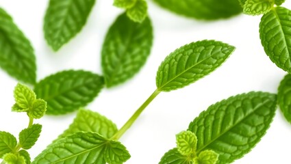 Naklejka premium Fresh Mint Leaves Isolated on White Background: A Crisp and Vibrant Close-Up