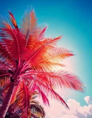  Copy space pink tropical palm leaves tree on blue sky with colorful bokeh sun light abstract.