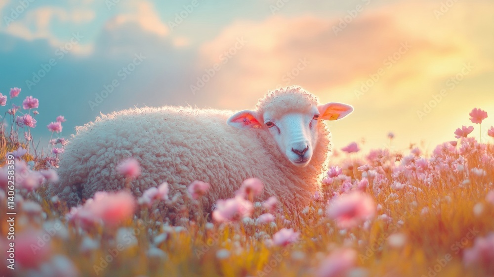 Poster Soft sheep resting on a hill surrounded by blooming flowers under a serene colorful sky in Lapki during spring