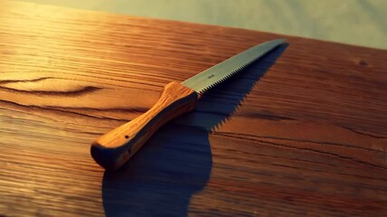Hand Saw with Wooden Handle on Wooden Surface at Sunset High quality image of a hand saw