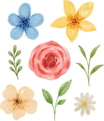 collection of colorful flowers watercolor painting isolated on white background. rose, lily, and daisy watercolor illustration 