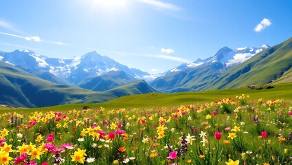 Fototapeta premium Serene Spring in the Alps: A Blooming Meadow Amidst Majestic Mountains