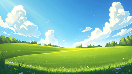 Fototapeta premium Vibrant Green Field Under a Blue Sky with Fluffy White Clouds