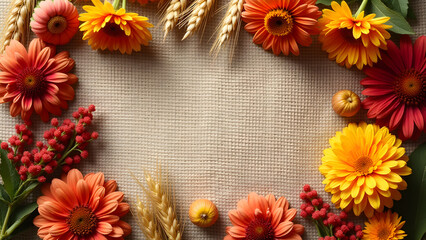 Warm-toned wildflowers frame a burlap backdrop in this rustic flat-lay. Wheat stalks add harvest charm for autumn-themed designs.