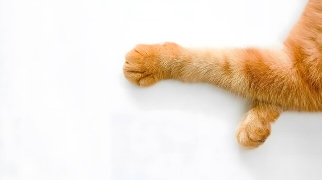 Adorable orange cat paw with soft fur resting on clean white background, minimalist top view close-up showing outstretched feline leg with five visible toes in natural relaxed pose