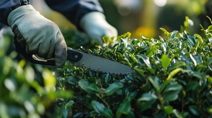 Obraz premium Landscaper trimming hedges in a residential garden. Featuring hedge trimming