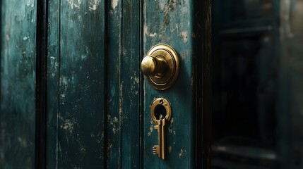 Antique teal door with brass key and lock