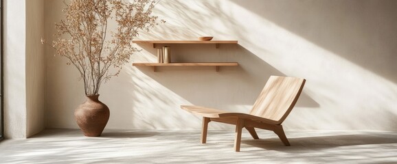 Neutral interior with wooden chair and shelves minimalism and relaxation