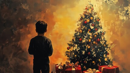 A young child gazing at a decorated festive Christmas tree