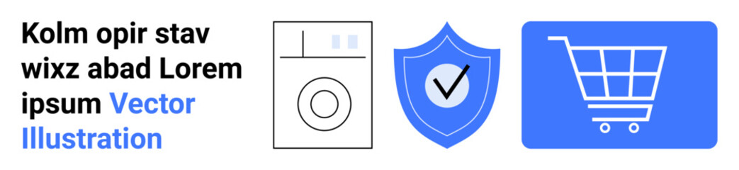 Washing machine icon, shield with checkmark, and shopping cart in blue. Ideal for e-commerce, shopping, appliance safety, warranties, security, mobile apps simple landing page