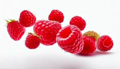 Fresh ripe raspberries flying in the air isolated on white background. Concept of food levit.