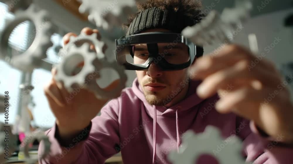 Poster boy engages with mechanical model using virtual reality in class generative ai