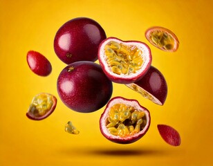 Fresh ripe raw passion fruit falling in the air isolated on yellow background. Zero gravity .
