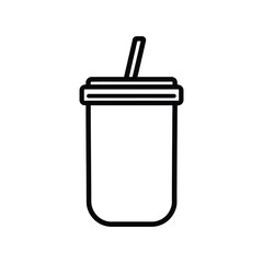 Black outline drink cup with lid and straw on transparent