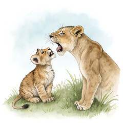 Fototapeta premium Playful Lion Cub Mimics Parent in Sweet Watercolor Clipart of a Lion in a Natural Setting