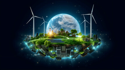 A vibrant green island floating in space, powered by wind turbines and solar energy, symbolizing a sustainable future with a glowing earth in the background.