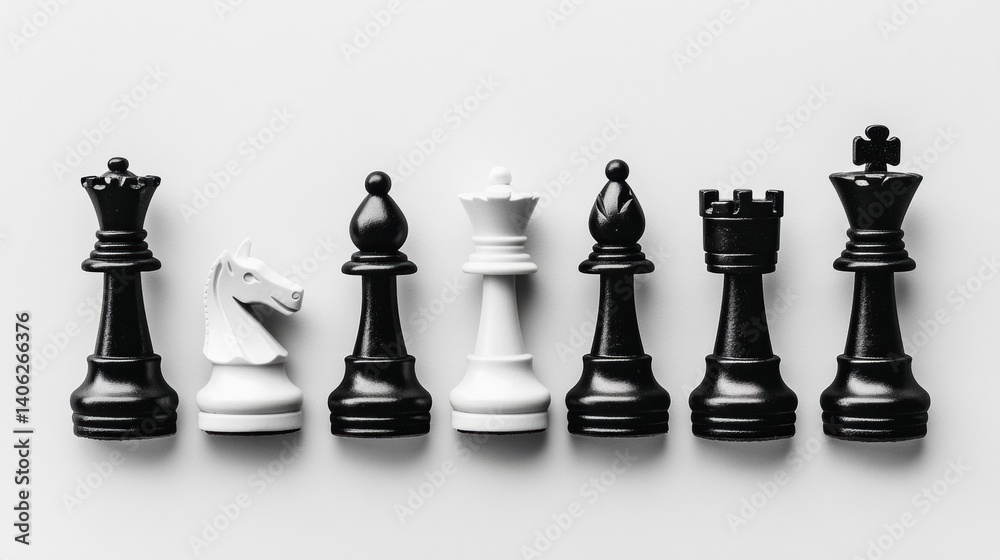 Poster top-down view of black and white chess pieces arranged neatly on a white board displaying strategic 