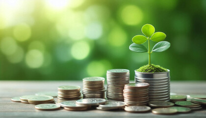 Stack of Coins with Growing Plant Symbolizing Financial Growth, Investment Success, and Prosperity in Savings and Money Management, green plant and coins