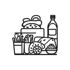 Food Illustration, Black Outline Icon with Burger, Fries, Dip, and Bottle