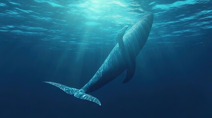 Obraz premium Big blue whale swimming in the ocean with vivid details of fin and tail. Isolated illustration perfect for eco projects, nature, and wildlife themes.