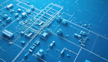 Architectural plan with white lines on blue background, plans, diagram