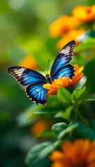 Fototapeta premium Blue Butterfly Sipping Nectar From Orange Flower in Lush Garden