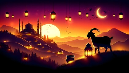 Naklejka premium Goat silhouette stands on a quiet hilltop with distant mosque and glowing lanterns under vivid sunset sky