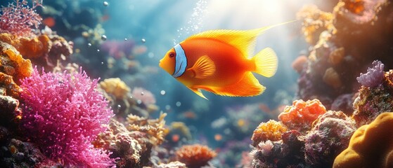 Fototapeta premium Vibrant coral reef habitat with an orange fish swimming amidst colorful coral, bubbles, and sunlight