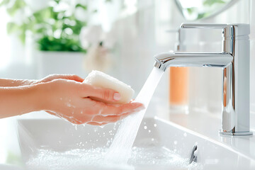 Woman meticulously washing her hands with soap under running water, emphasizing hygiene and cleanliness