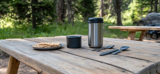 Fototapeta premium Outdoor meal featuring stainless steel food container and rustic picnic table in nature
