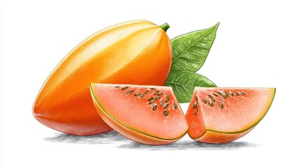 Detailed Illustration of Ripe Papaya with Slices and Leaves