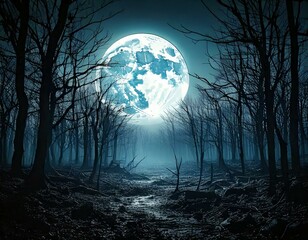 horror forest background, full moon above trees, apocalyptic scene