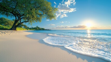 Gentle waves lapping at sandy beach soft focus on horizon tranquil ambiance golden hour lighting low angle perspective