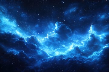 Vast, ethereal, deep blue nebula swirls through the night sky, dotted with tiny, twinkling stars