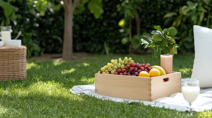 Outdoor picnic with fruits and drink on grass in sunlight