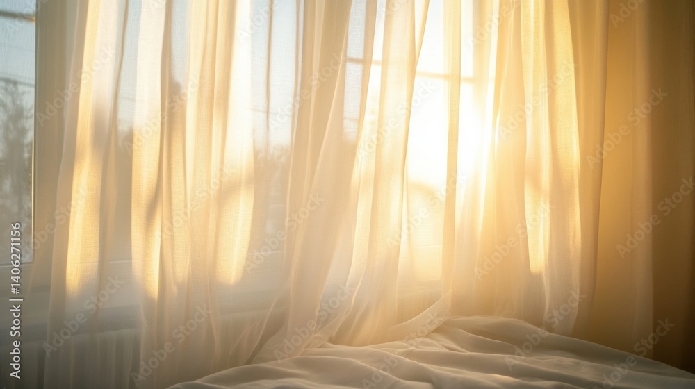 Poster sunlight gently filtering through sheer curtains in a cozy minimal room creates a peaceful atmospher