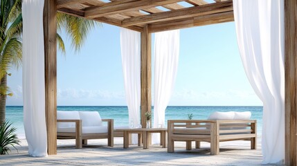 Obraz premium Outdoor seating by the sea wooden pergola with white curtains calm ocean view summer vacation scene