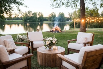 Outdoor seating group by lake campfire summer celebration