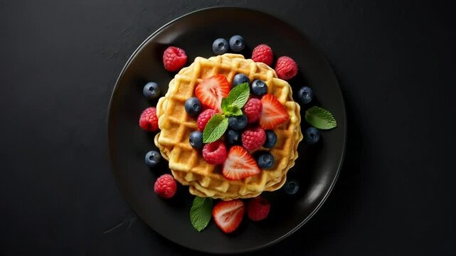 A high-angle, close-up view of a stack of golden waffles adorned with fresh blueberries, raspberries, and strawberries.