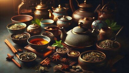 Fototapeta premium Traditional tea ceremony setting with international teaware, herbs, and cups arranged beautifully for tea day