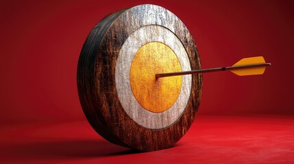 Arrow strikes bullseye on target, success. Focus on achievement with a wooden finish