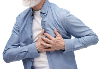 Heart attack. Senior man suffering from pain in chest on white background, closeup