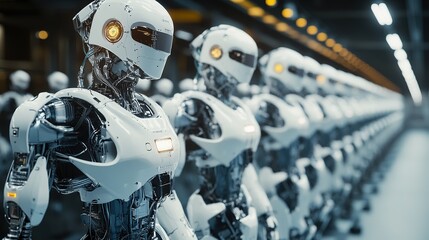 Fototapeta premium Futuristic Robots Forming a Line in Industrial Setting. Leader Robot and Advanced Technology Concept with Determined Cybernetic Machines.