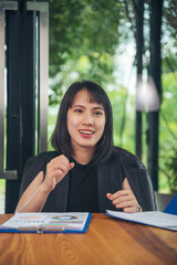 Vertical Horizon Portrait happiness businesswoman smiling face confident leader manager modern city. Vertical Asian woman success look at camera smile boss. Happy CEO Women business leader