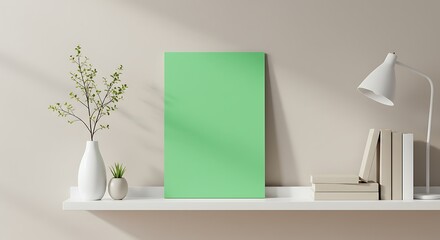 Obraz premium Green Artwork on Shelf with Lamp and Vase Mockup