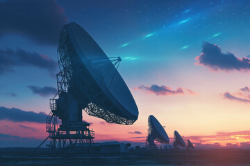 A group of radio telescopes are set up in a field at sunset