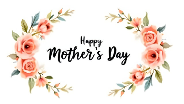 Elegant "Happy Mother's Day" card with coral roses wreath on white. Black script text, 3D floral details, teal foliage. Warm, celebratory design for heartfelt gifting.