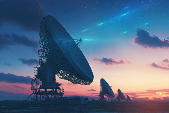 A group of radio telescopes are set up in a field at sunset