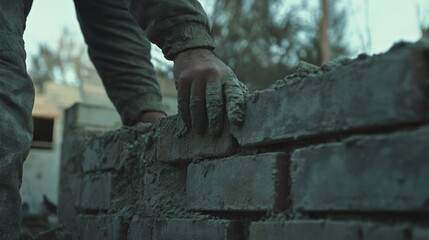 Mason laying bricks on a wall at a construction site. Featuring masonry skills