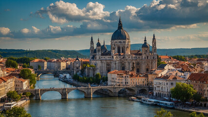 Beautiful European Cityscape With Historic River Bridge